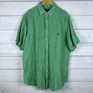 Ralph Lauren Classic Fit Mens Shirt XLT Tall Green Gingham Linen Short Sleeve